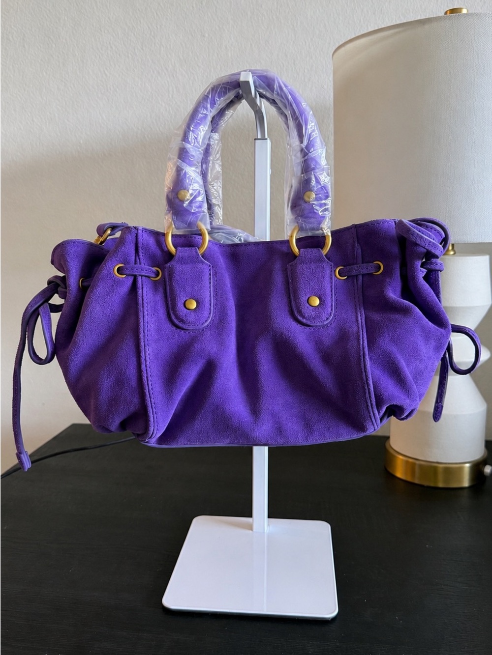 MANGO Starring Hailey Bieber Suede Leather Bag – Purple